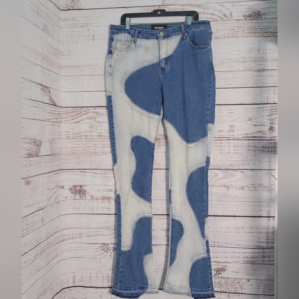 GUAPI Vintage Blue White Wavy Stacked Denim Jeans 36/36